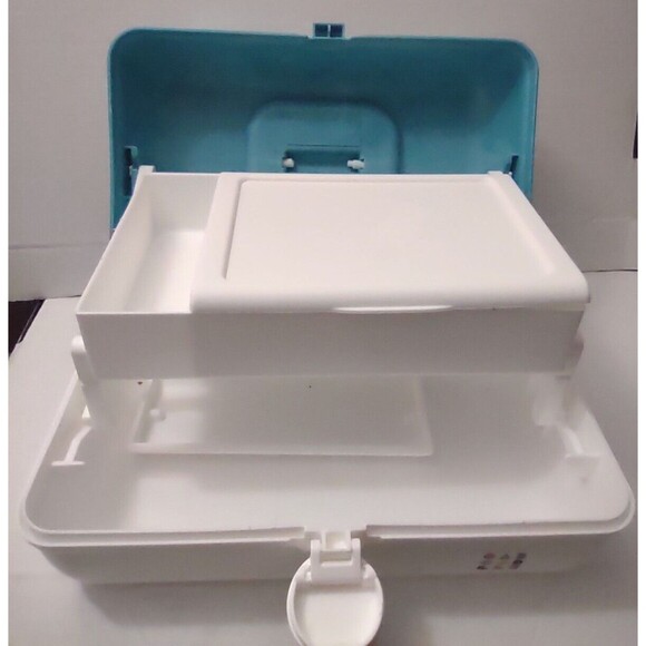Caboodles Makeup Box Carry Case Mirror Tray Teal/White Collectible 5626 - Picture 7 of 12
